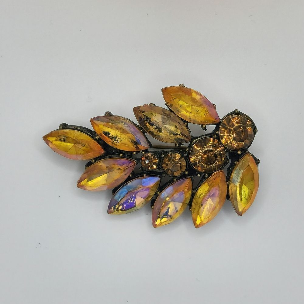 Antiqued Amber AB Rhinestone brooch